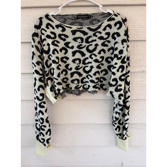 Maison Mascallier Leopard Print Cropped Sweater Size Large Black Cream Knit Top - Picture 2 of 6